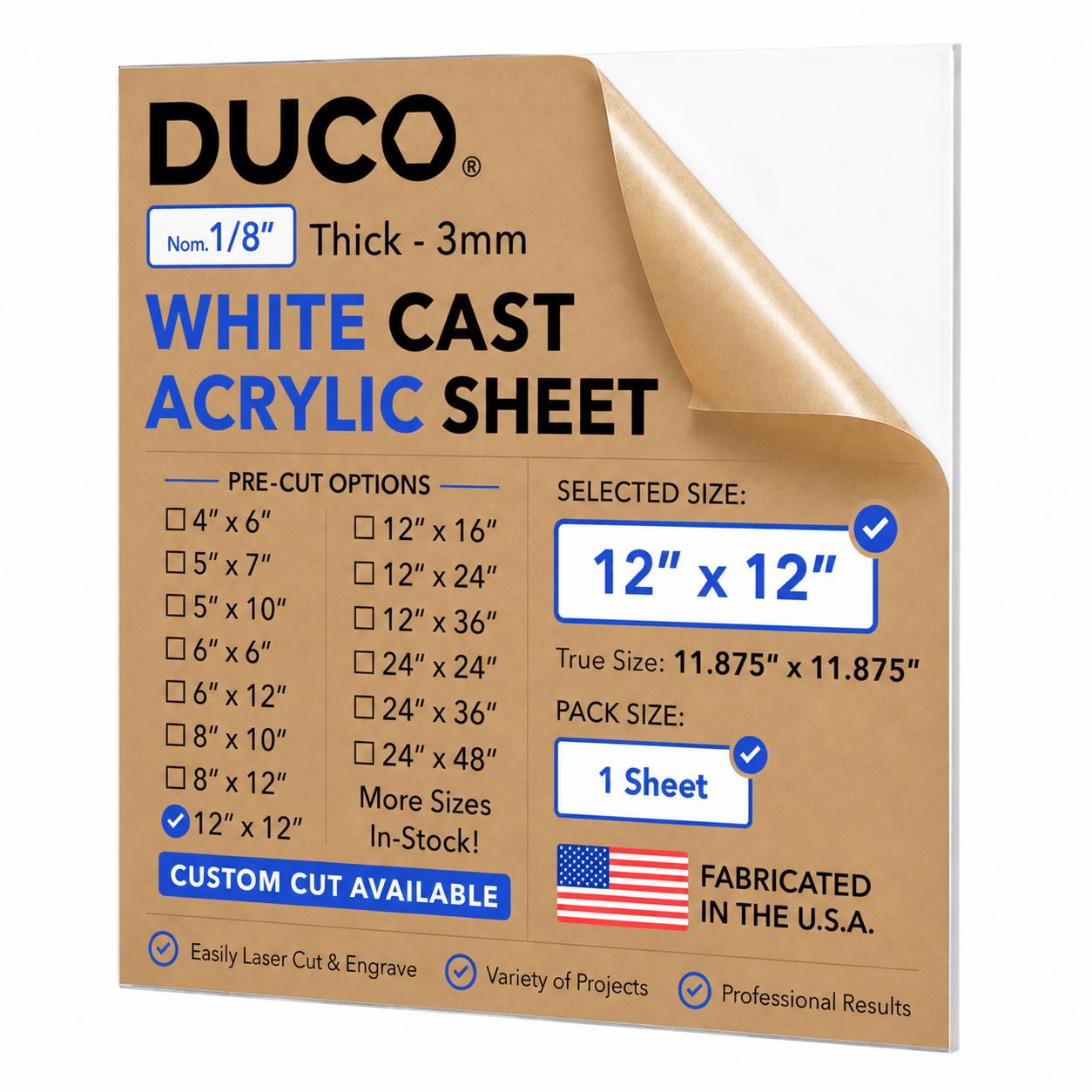 White cast acrylic sheet 1/8" 12" x 12"