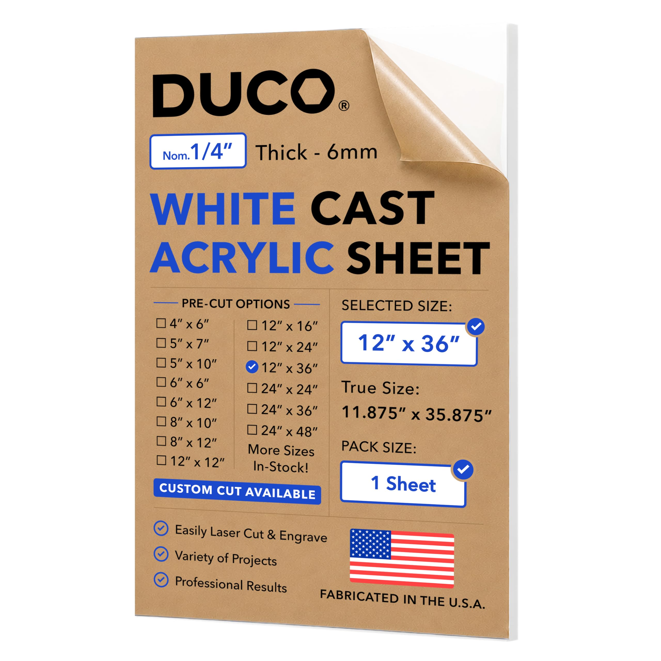 White cast acrylic sheet 1/4" 12" x 36"