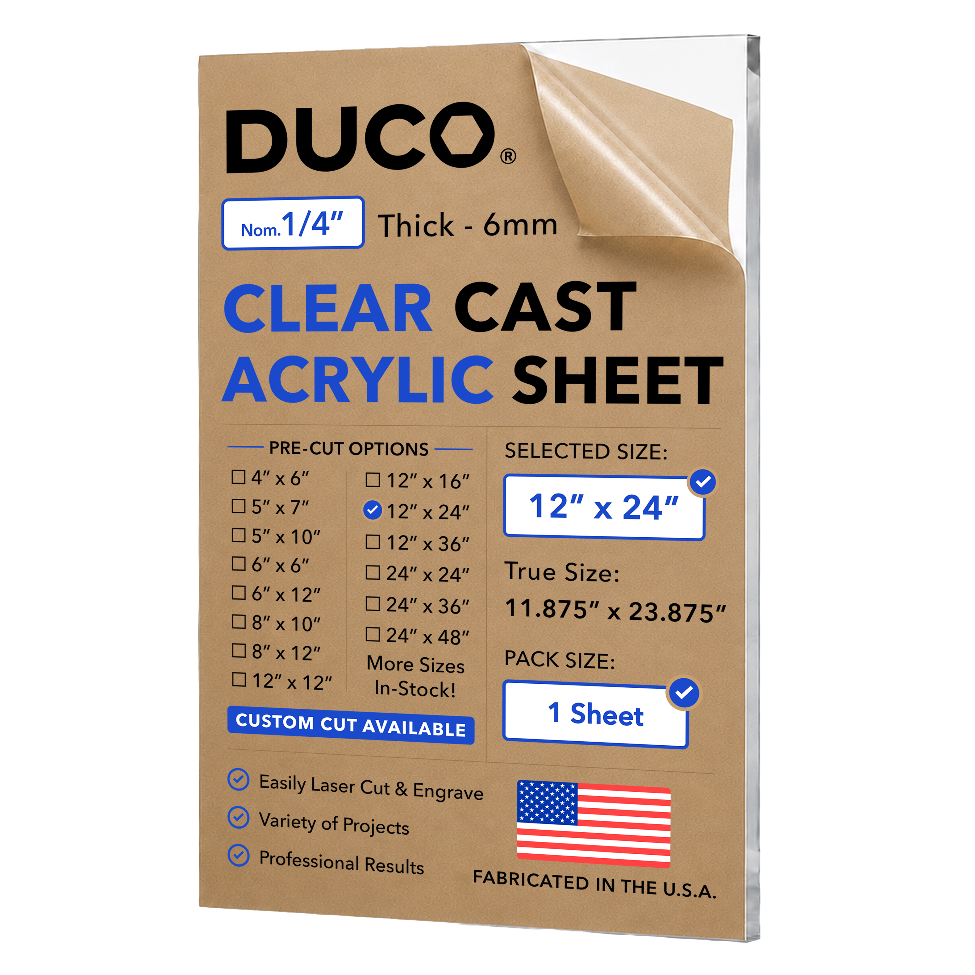 1/4in 12x24 Clear Cast Acrylic Sheet