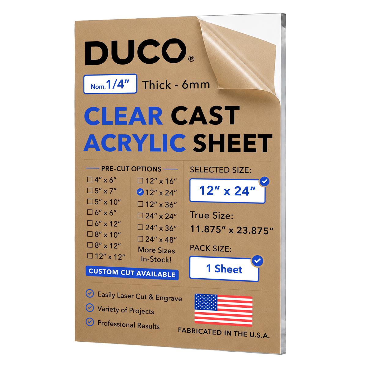 1/4in 12x24 Clear Cast Acrylic Sheet
