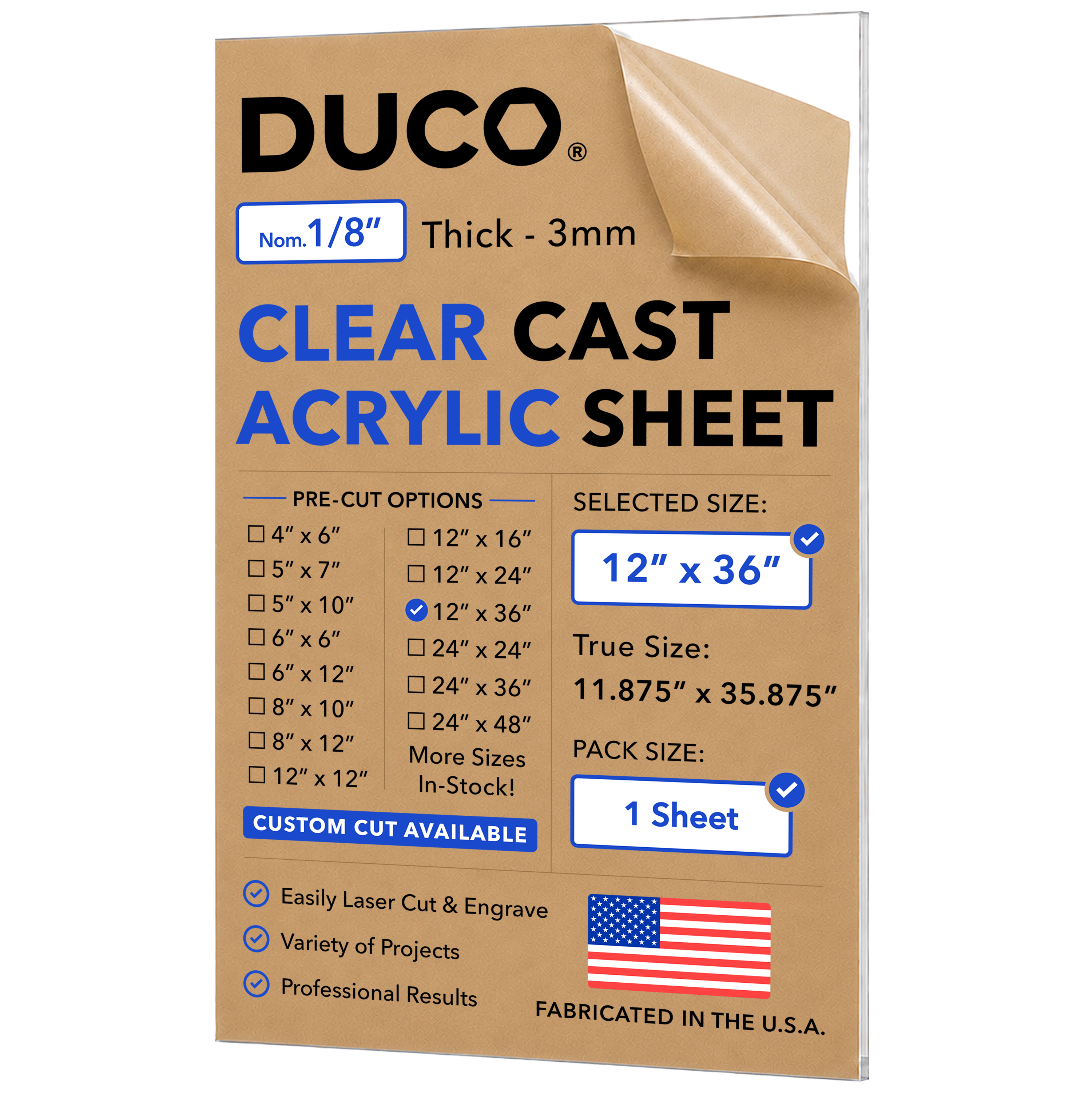 1/8in 12x36 Clear Cast Acrylic Sheet