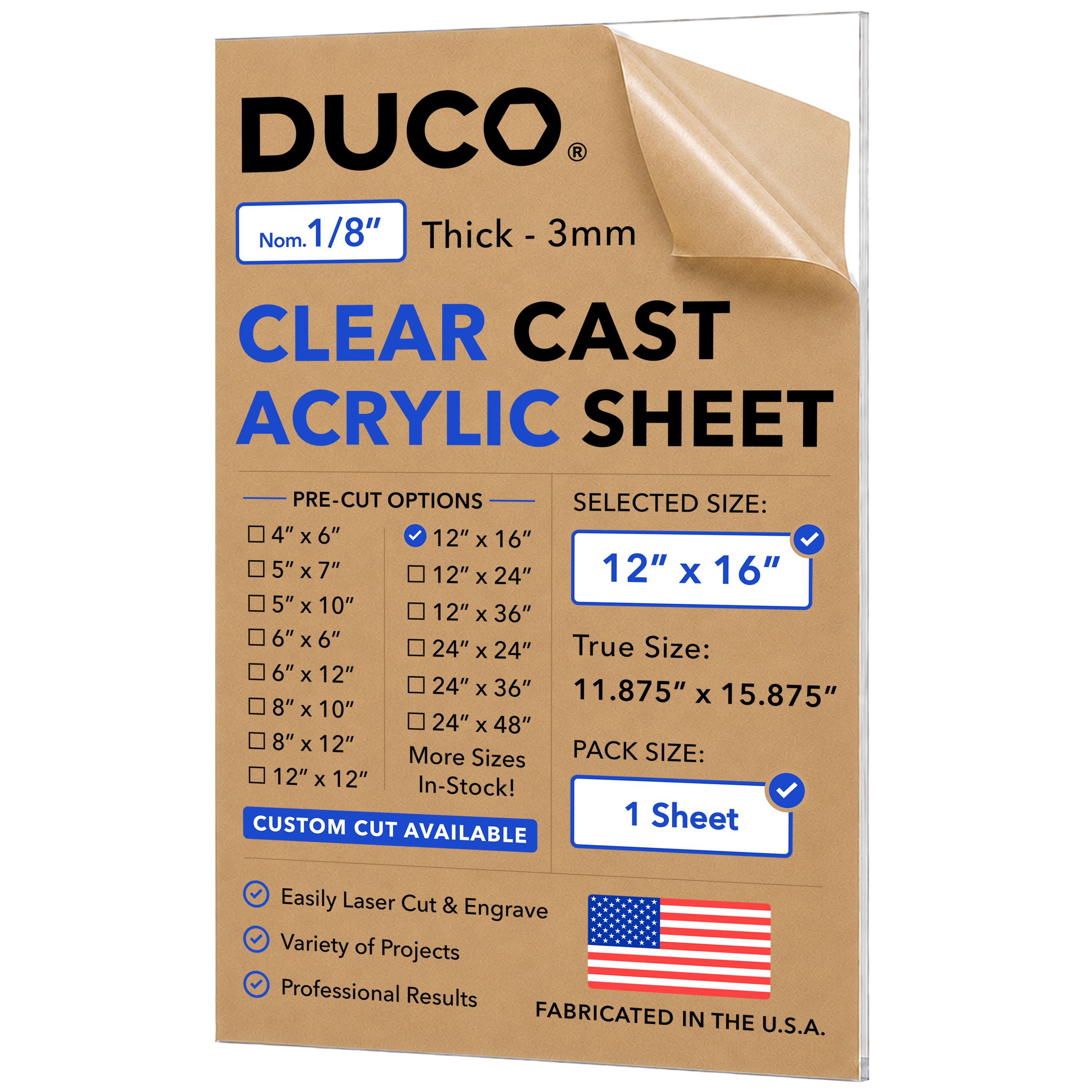 1/8in 12x16 Clear Cast Acrylic Sheet